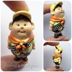 a small toy figurine is being held by someone's hand with four different angles