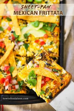 mexican frittata with tortilla chips and avocado on the side