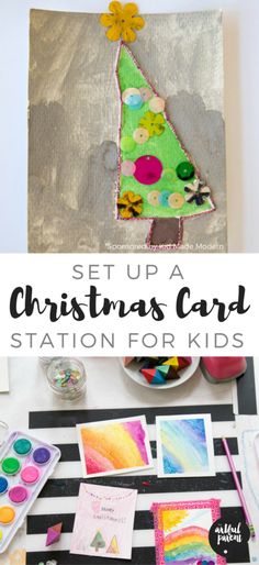 a christmas card station for kids with the text set up a christmas card station for kids