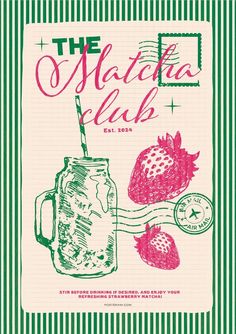 a poster with strawberries and a mason jar on the front, in green and white stripes