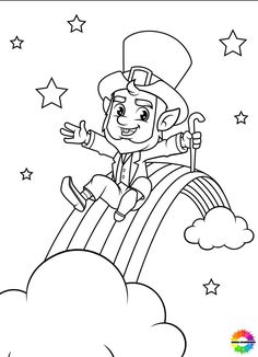 a coloring page with a man on top of a rainbow