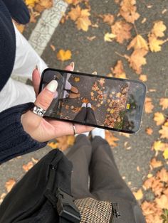 a person taking a photo with their cell phone in the fall leaves on the ground