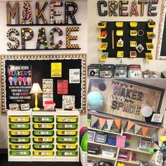 there are many different items on the wall in this classroom area, including boxes and bins