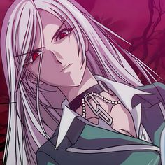 an anime character with long white hair and red eyes, in front of a purple background