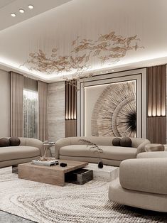 a modern living room with beige furniture and art work on the wall behind the couches