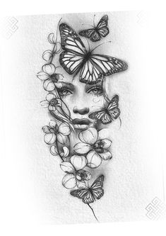 a drawing of a woman with butterflies on her face