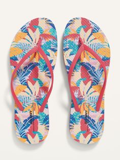 Textured thong-strap upper.  Printed foot bed.  Textured EVA foam outsole is partially made with renewable sugarcane.  To measure your shoe size, place a piece of paper on the ground.  Stand barefoot on the paper.  Using a pen, draw an outline of you Trendy Non-slip Beach Flip Flops, Summer Tropical Flat Flip Flops, Cheap Tropical Flip Flops, Old Navy Flip Flops, Summer Vacation Flower-shaped Flip Flops, Pattern Flip Flops, Beach Flip Flops, Synthetic Material, Kids School Supplies, Flip Flop Sandals