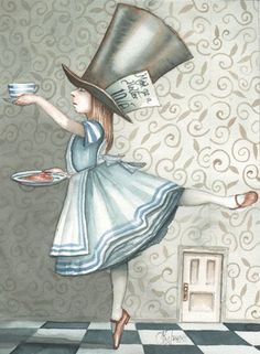 a painting of a girl with a tea cup and saucer in her hand holding a plate