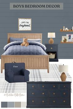 a bedroom is shown with blue and white decor, including a teddy bear on the bed