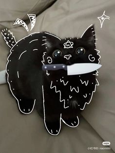 a black cat with a knife in its mouth