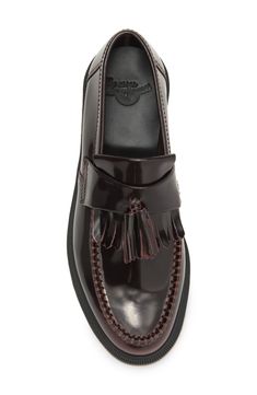 Smooth and hardy leather comprises the upper of this dapper loafer set atop an AirWave Bouncing sole for responsive stepping. 1 1/4" heel; 1" platform (size 9) Leather upper and lining/synthetic sole Imported Dr Martens Adrian, Loafers Outfit, Burgundy Shoes, Black Polish, Tassel Loafers, Unisex Shoes, Women Men Shoes, Fabric Gift Bags, Men Shoes Size