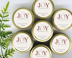 four gold tins with red and white labels are arranged in a circle next to a green plant