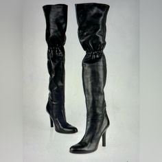 Like New,Jimmy Choo Leather Over Knee Boots.Semi-Pointed Toes,Block Heels With Platform. Button And Scrunch Details On Back,Black Soft Leather,Style: Jedi Thigh High. Adding Protection Sole,Dust Bag, Only Worn Once Inside In Restaurant. No Scratches And Visible Signs,Gorgeous And Sexy Looking. Circumstance: 15’’,Shaft:22”,Heels: 3.25” . Size 7.5( It 37.5) Fitted Leather-lined Heeled Boots With Closed Toe, Luxury Fitted Closed Toe Boots, Luxury Fitted Heeled Boots With Snip Toe, Designer Fitted Boots With Closed Toe, Fitted Leather Heeled Boots With Closed Toe, Fitted Leather Heels With Snip Toe, Designer Fitted Boots With Reinforced Heel, Luxury Fitted Leather Heeled Boots, Fitted Heeled Boots With Leather Sole And Round Toe