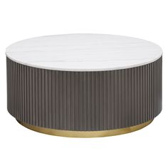 a round white and gold coffee table with a marble top on an isolated surface, viewed from the front