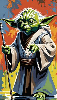 an image of yoda from star wars with paint splattered on the background