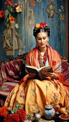 a woman in an orange dress is reading a book while sitting on a couch with flowers around her