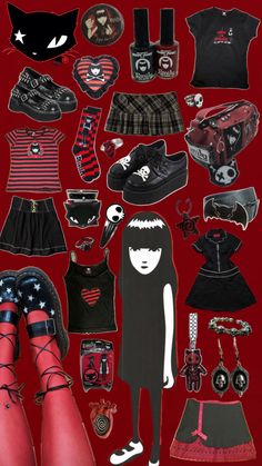 Emily The Strange, Mall Goth, Goth Outfits, Clothing And Accessories, Collage, Red, Clothes