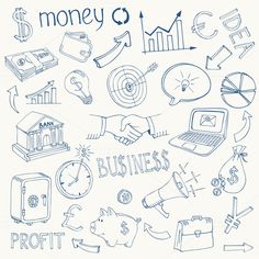 hand drawn business doodles on white paper with money and finance symbols in the background