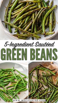 green beans are being cooked in a skillet and then served on a white plate