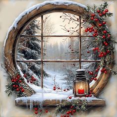 an image of a window with a candle and christmas decorations in front of snow covered trees