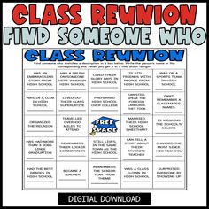 a class reunion poster with words and pictures