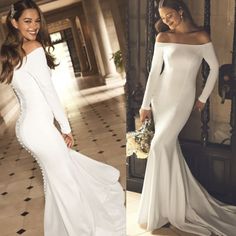 two photos of the same woman in white dresses, one is wearing a long sleeved gown