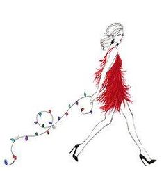 a drawing of a woman walking down the street with a string of lights in her hand