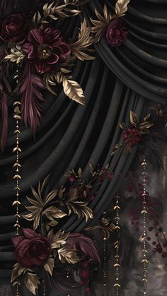 an artistic painting with flowers and chains hanging from it's sides, on a black background