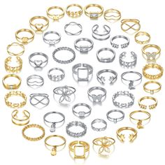 PRICES MAY VARY. 💗GOLD KUNCKLE RINGS: You will get a 46-piece gold silver ring suit. They are divided into 2 small packages and packed in a black zipper bag. Their designs are different and mixed in multiple sizes, which can match your different clothes and occasions. 💗MULTI-SIZE: Rings of different designs, US sizes from 7-9, and adjustable opening for multiple fingers to wear at the same time. You can wear this gold-silver ring all day without having to worry about it falling off or causing Rings Pack, Rings Set For Women, Rings Stacking, Carved Flowers, Middle Finger Ring, Bohemian Crystal, Gold Jewelry Sets, Gold And Silver Rings, Knuckle Rings