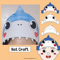 the paper hat has been made to look like a shark's head and mouth