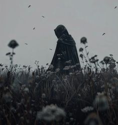 a ghostly figure standing in the middle of a field with dandelions and birds flying around