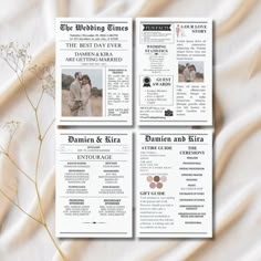 the wedding times newspaper is on display next to some flowers and a vase with white flowers in it