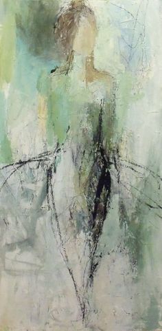 an abstract painting of a woman's body in green, white and grey colors