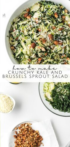 two bowls filled with different types of food on top of a white countertop, and the words crunchy kale and brussels sprout salad