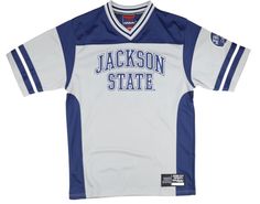 a white and blue jersey with the word jacksonville state on it