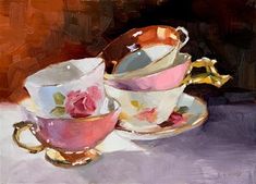 a painting of three tea cups and saucers with pink roses in them on a table