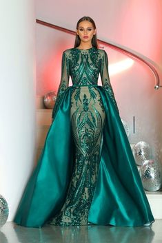 PS 1705 Long Sleeve جورج حبيقة, Long Sleeve Mermaid Prom Dress, Dark Green Wedding, Green Wedding Dresses, Evening Dress Long, Detachable Train, 파티 드레스, Long Sleeve Prom, Green Gown