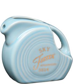 the sky blue vase has gold lettering on it's side and is shaped like a swirl