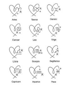 twelve zodiac signs in the shape of hearts with names and symbols for each zodiac sign