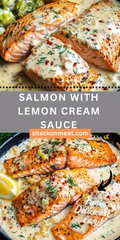 salmon with lemon cream sauce in a skillet