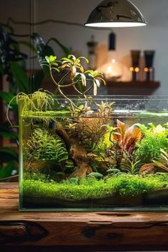 an aquarium filled with plants and rocks on top of a wooden table next to a lamp