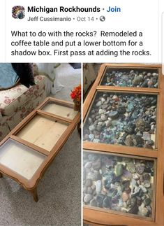 the table is covered with rocks and has been placed on top of it for display