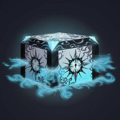 two cubes with designs on them sitting in the middle of some blue and black water