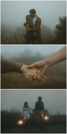 two people holding hands in front of foggy sky and grass, with one person holding the other's hand