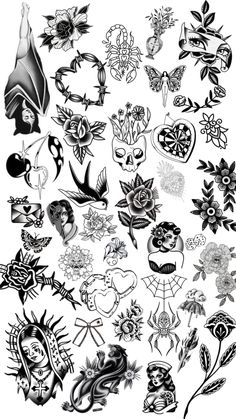 an assortment of tattoo designs on a white background