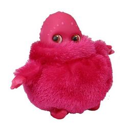 a pink stuffed animal with big eyes and a fuzzy coat on it's back