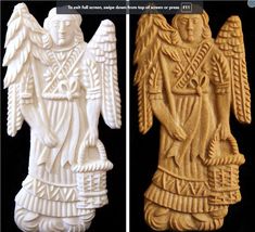 two carved wooden plaques depicting angels on black and white background