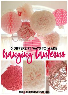 different ways to make hanging lanterns with pink and white paper flowers on the ceiling,