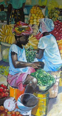 a painting of two women sitting in front of fruit and vegetables at an outdoor market