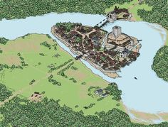 an aerial view of a large castle in the middle of a lake with trees around it